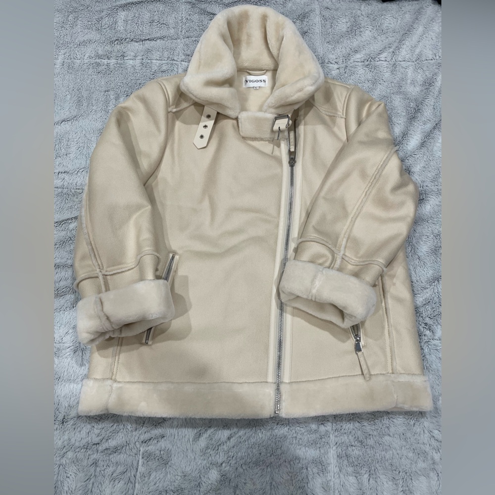 Vigoss Cream Faux Shearling Moto Coat